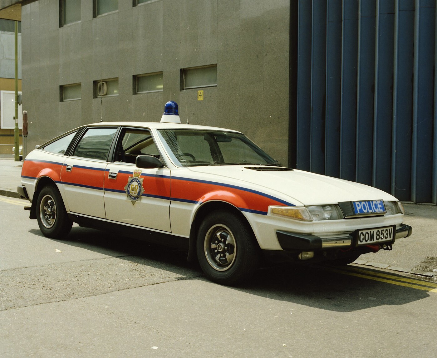 West Midlands Police Rover SD1 patrol car from 1979, white with orange and blue stripes